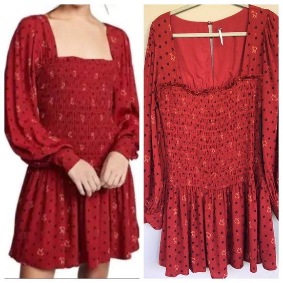 Free People Dresses & Skirts - Free People Two Faces Mini Dress Size M Red Smocked Square Neck Cottage Boho